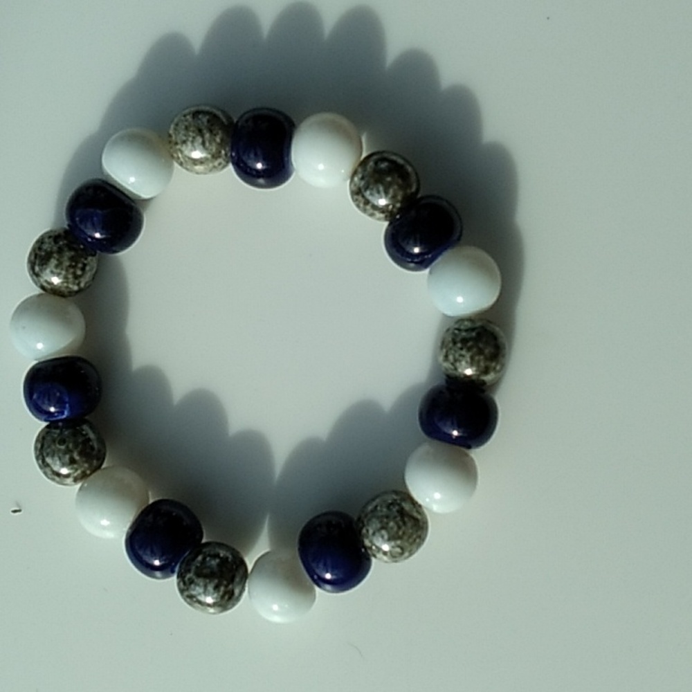 Navy Blue, Crackle Grey & White Stretch Bracelet